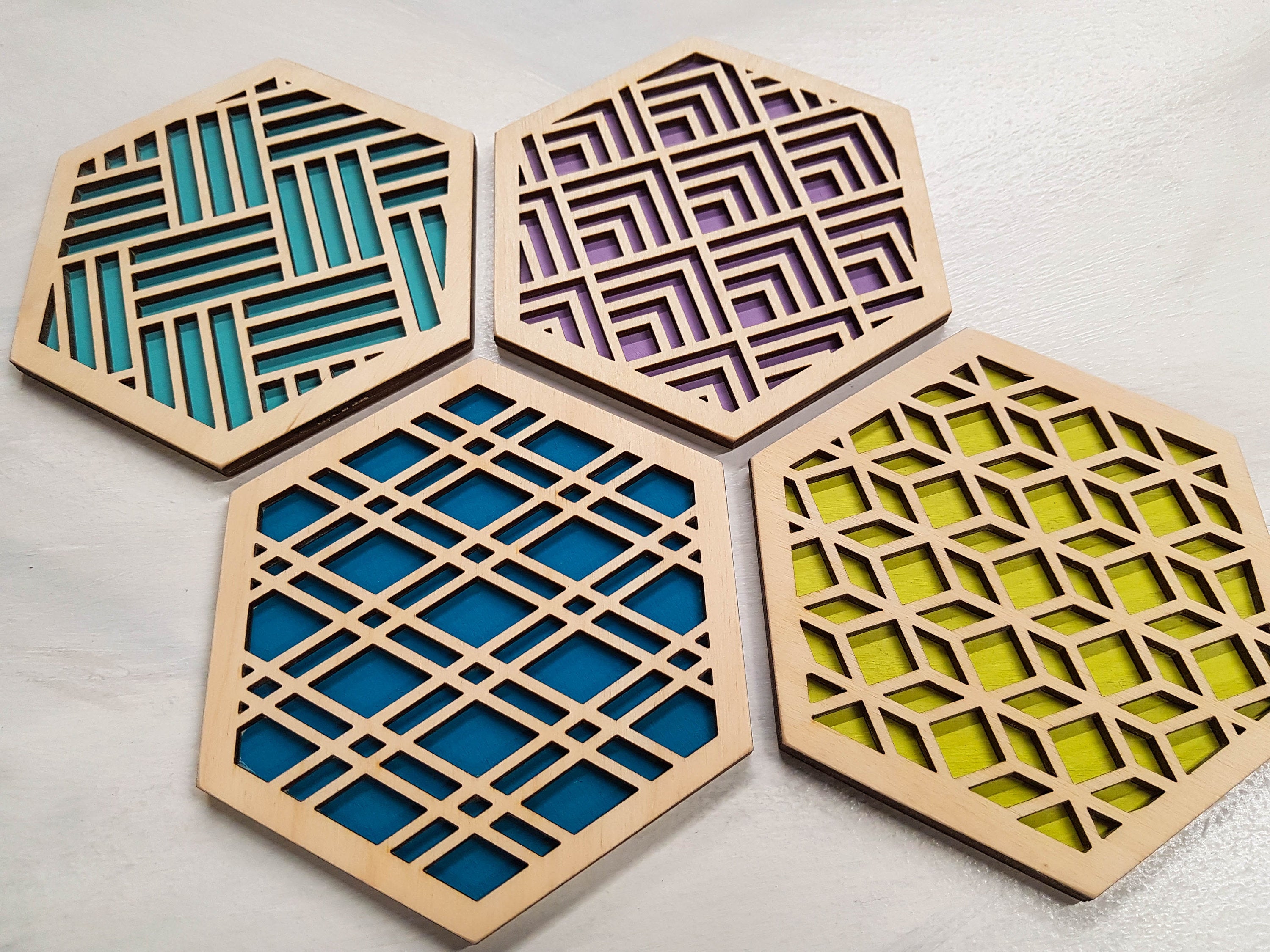 Hexagon Coaster, Fun Coaster, Modern Geometric Coaster, Cool Unique Coaster, Wood Coaster Set, Coffer Table Coaster, Colorful Coaster, Grey cool