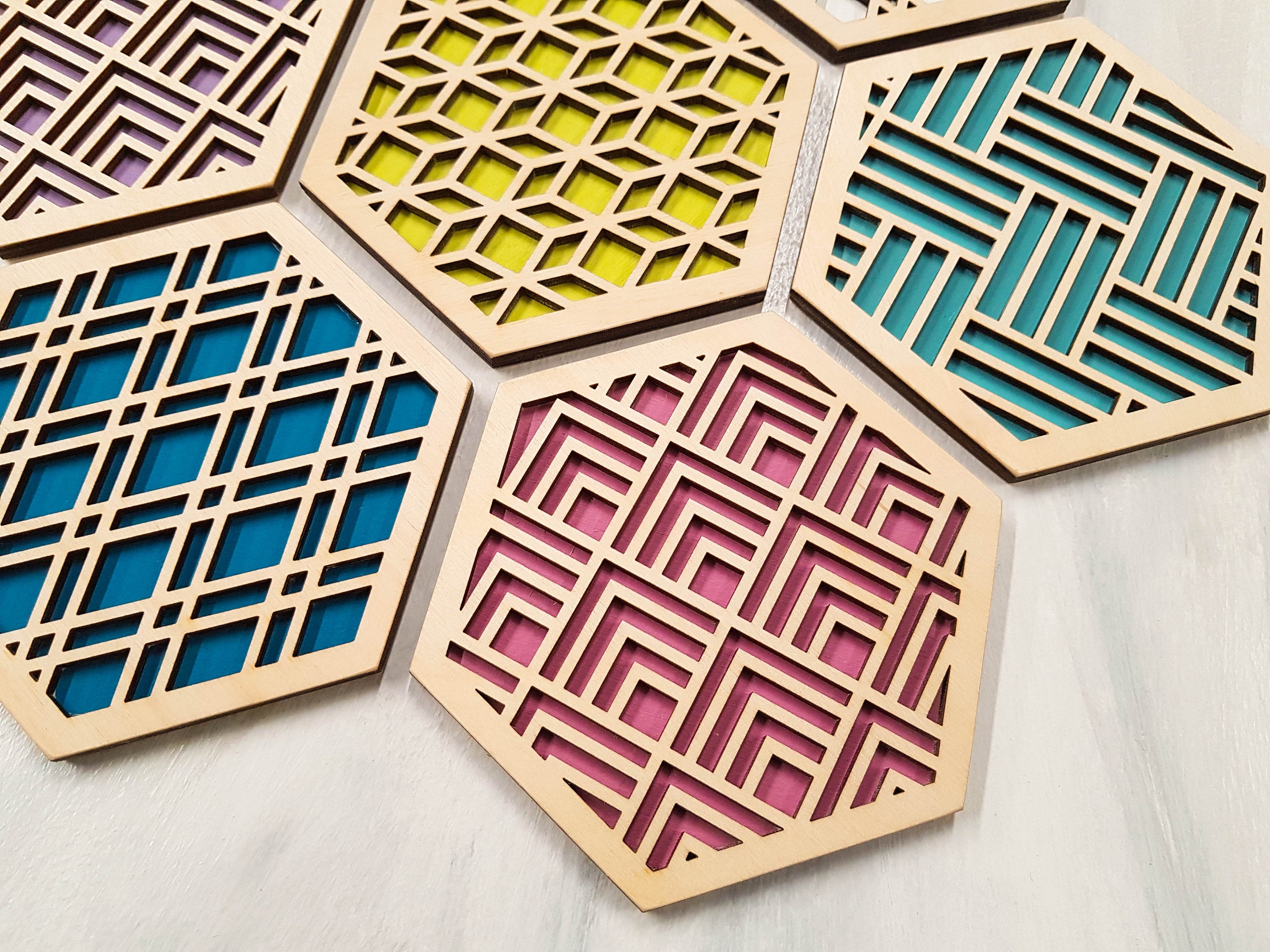 Unique Modern Coaster, Colorful Coasters, Set of Eight, Geometric Coasters, Wood Coaster Set, Coffer Table Coaster, Hexagon Coaster, Natural All