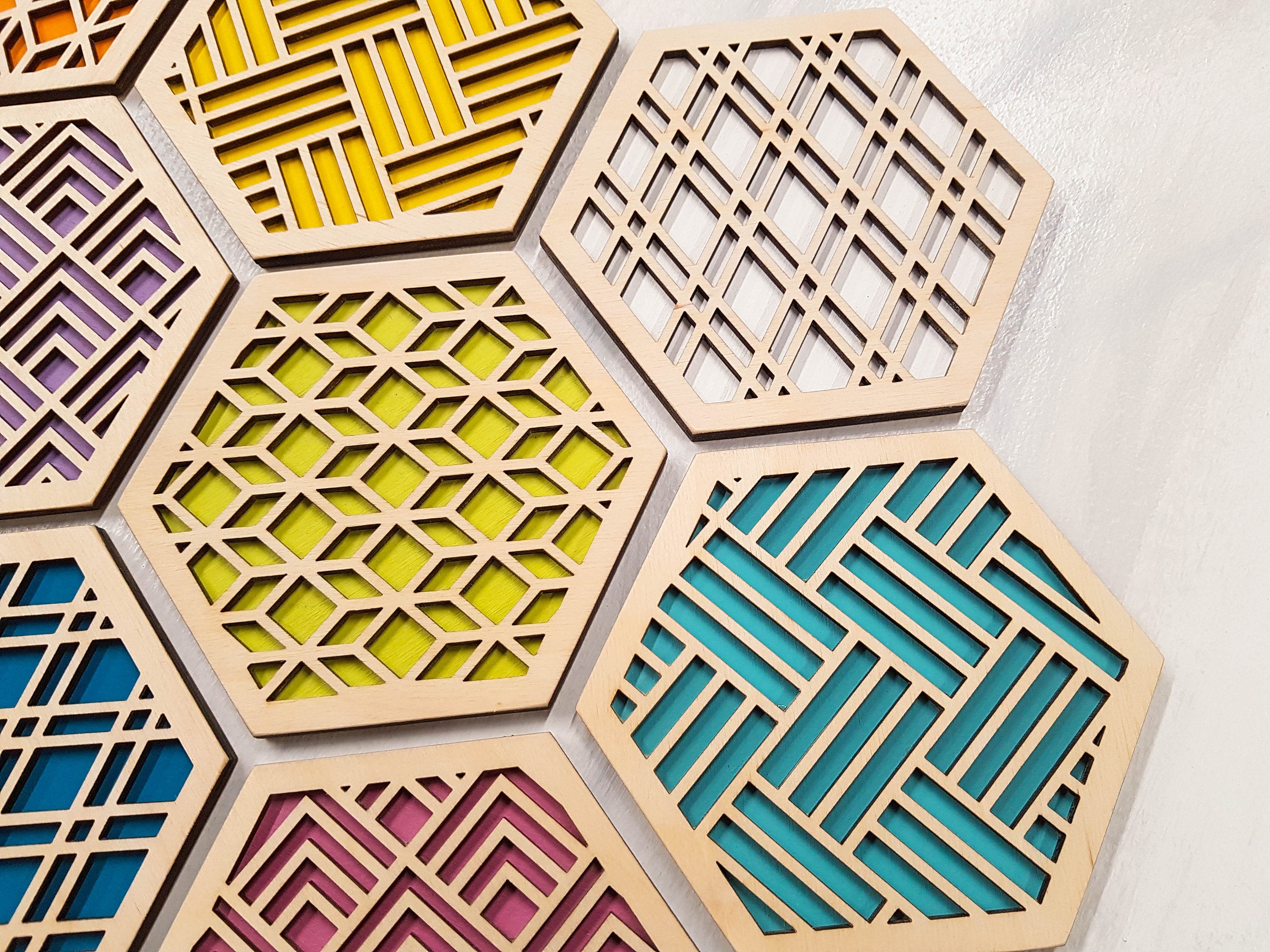 Unique Modern Coaster, Colorful Coasters, Set of Eight, Geometric Coasters, Wood Coaster Set, Coffer Table Coaster, Hexagon Coaster, Natural All