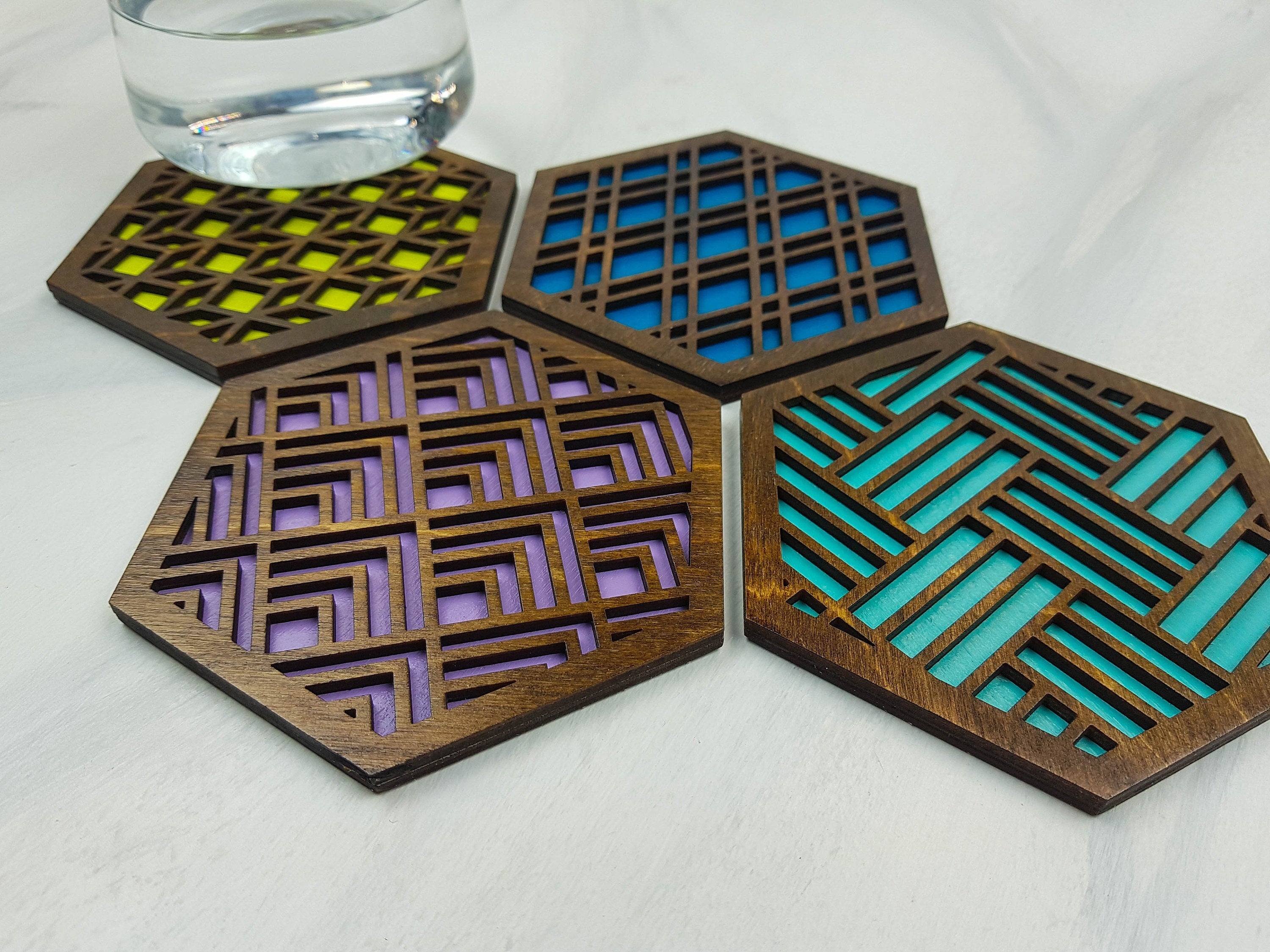 Hexagon Coaster, Fun Coaster, Modern Coaster, Geometric Coaster, Cool Unique Coaster, Wood Coaster Set, Coffer Table Coaster, walnut cool