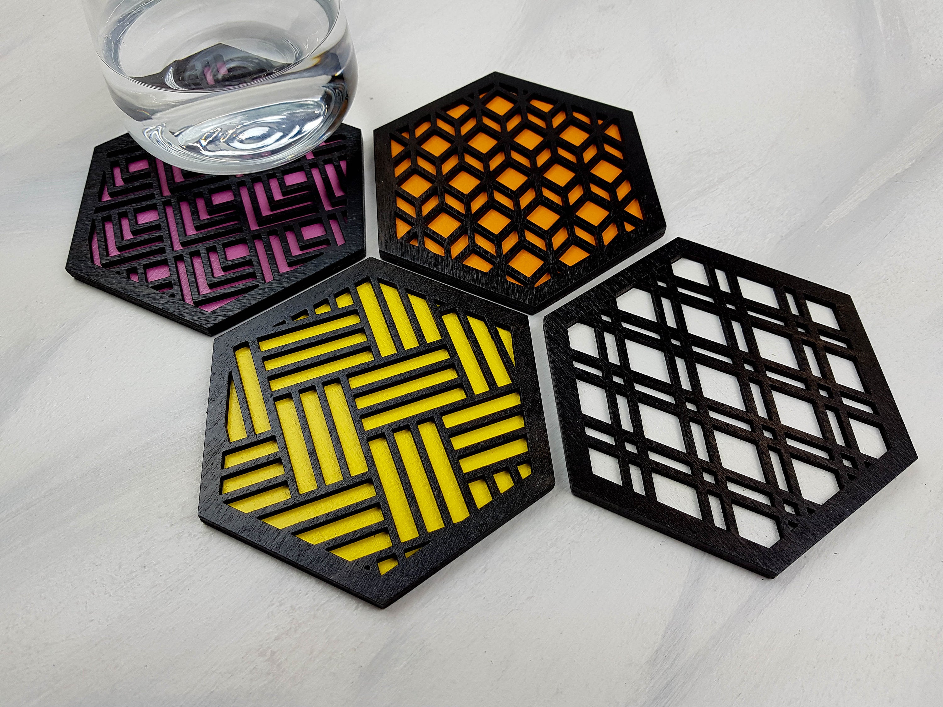 Hexagon Coaster, Fun Coaster, Modern Coaster, Geometric Coaster, Cool Unique Coaster, Wood Coaster Set, Coffer Table Coaster, black warm