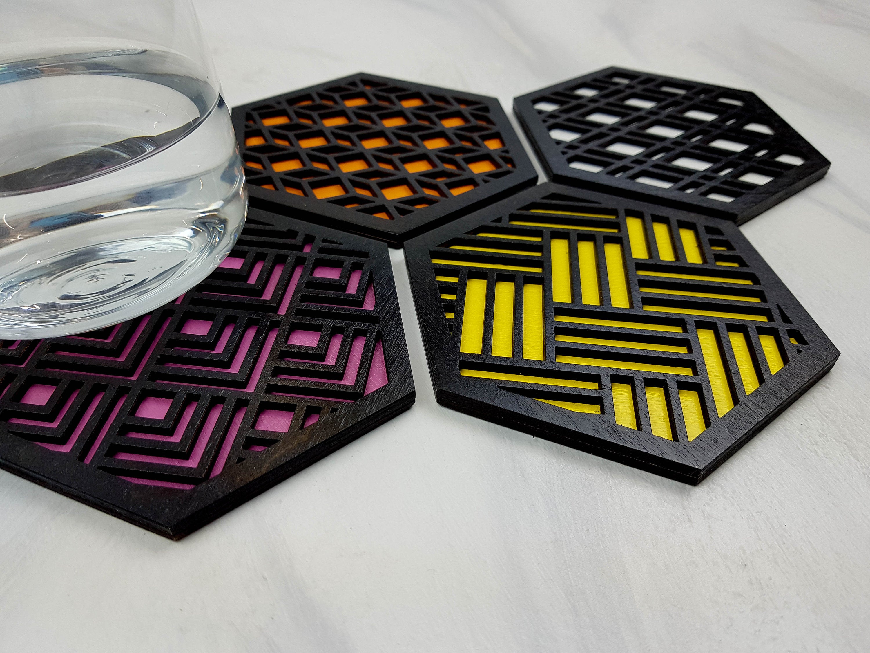 Hexagon Coaster, Fun Coaster, Modern Coaster, Geometric Coaster, Cool Unique Coaster, Wood Coaster Set, Coffer Table Coaster, black warm