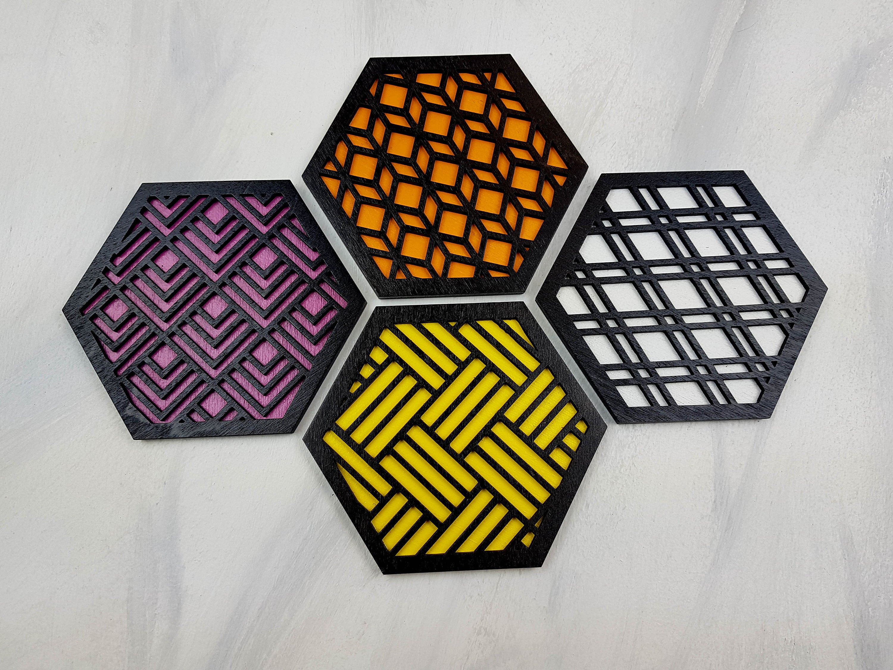 Hexagon Coaster, Fun Coaster, Modern Coaster, Geometric Coaster, Cool Unique Coaster, Wood Coaster Set, Coffer Table Coaster, black warm