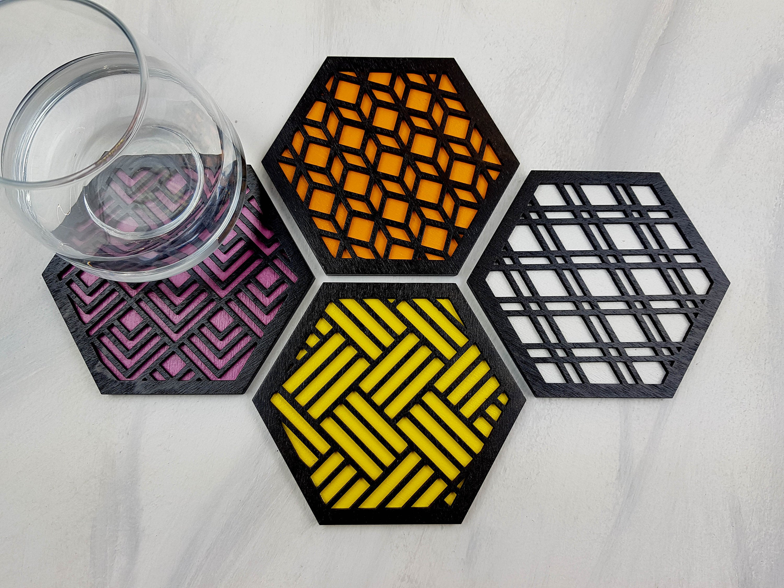 Hexagon Coaster, Fun Coaster, Modern Coaster, Geometric Coaster, Cool Unique Coaster, Wood Coaster Set, Coffer Table Coaster, black warm