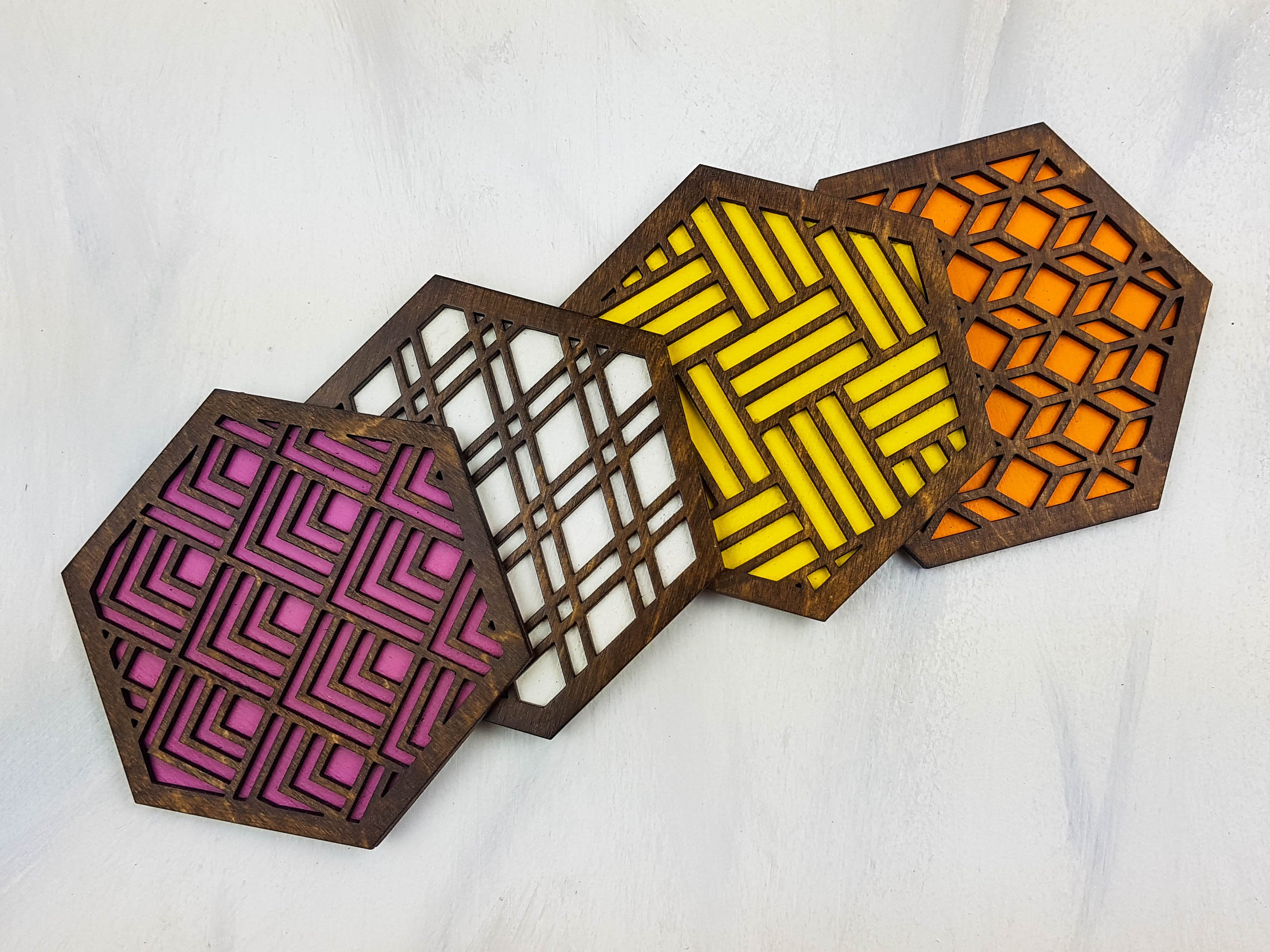 Hexagon Coaster, Fun Coaster, Modern Coaster, Geometric Coaster, Cool Unique Coaster, Wood Coaster Set, Coffer Table Coaster, walnut warm