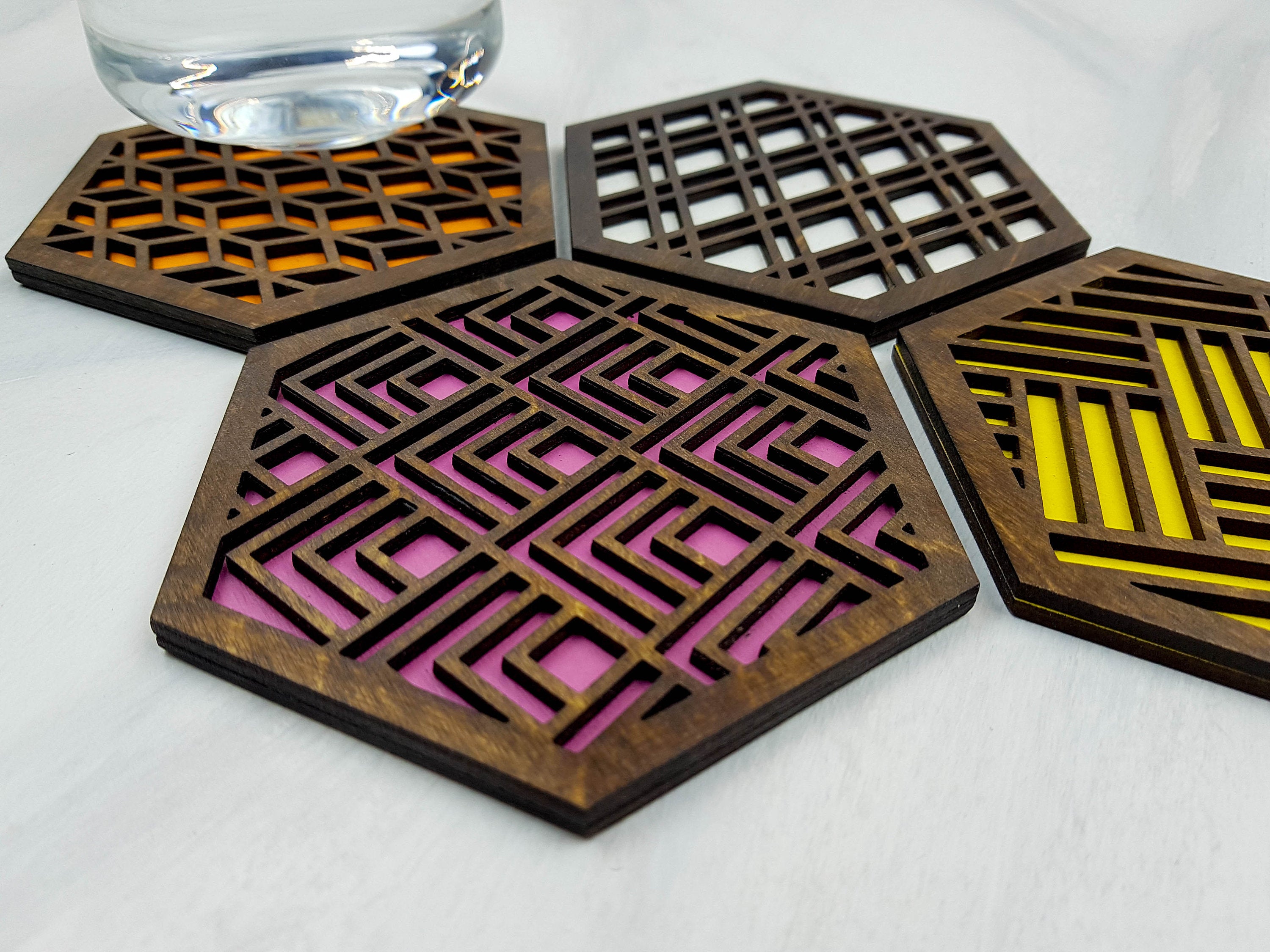 Hexagon Coaster, Fun Coaster, Modern Coaster, Geometric Coaster, Cool Unique Coaster, Wood Coaster Set, Coffer Table Coaster, walnut warm
