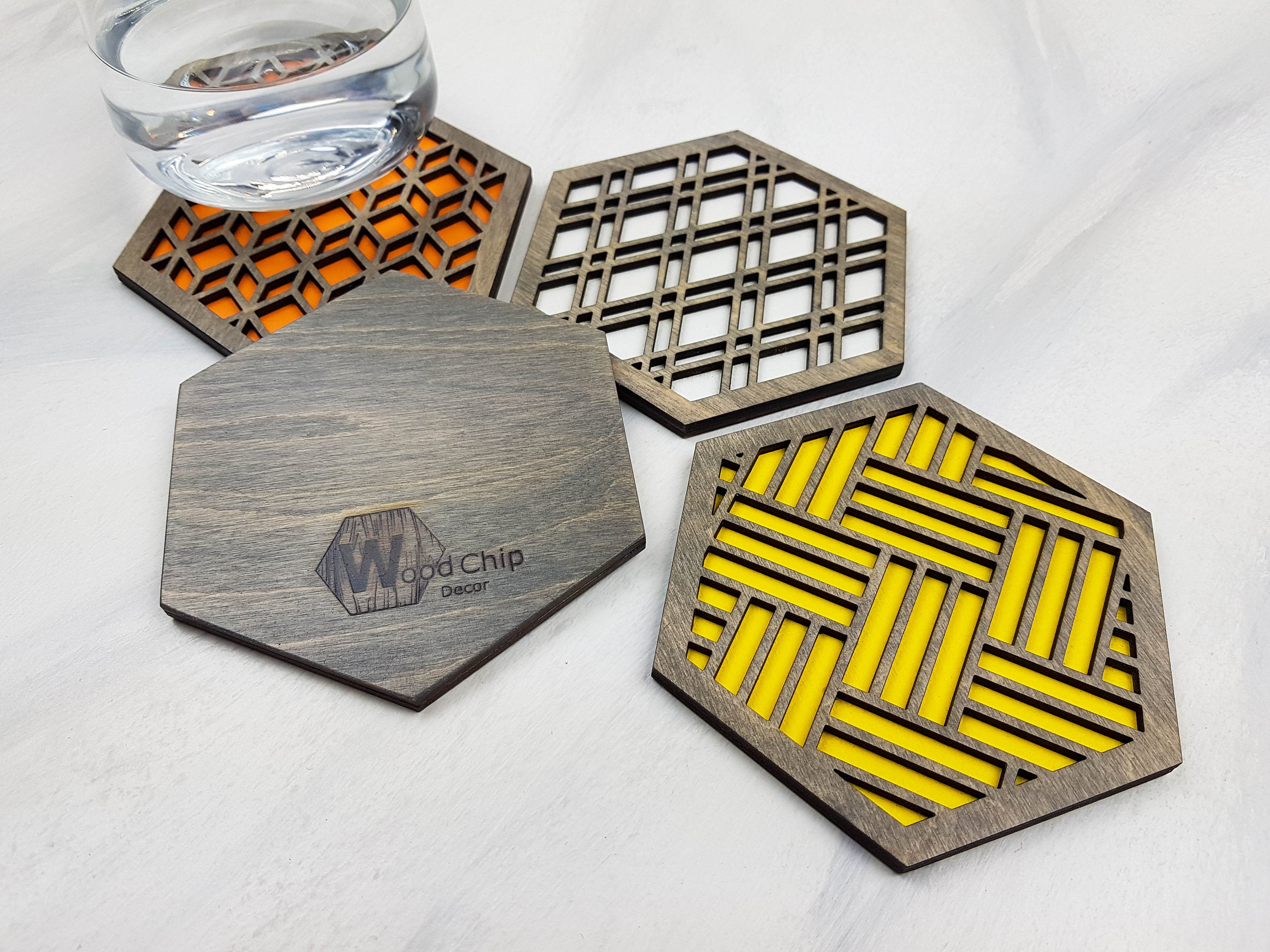 Hexagon Coaster, Fun Coaster, Modern Coaster, Geometric Coaster, Cool Unique Coaster, Wood Coaster Set, Coffer Table Coaster, grey warm 