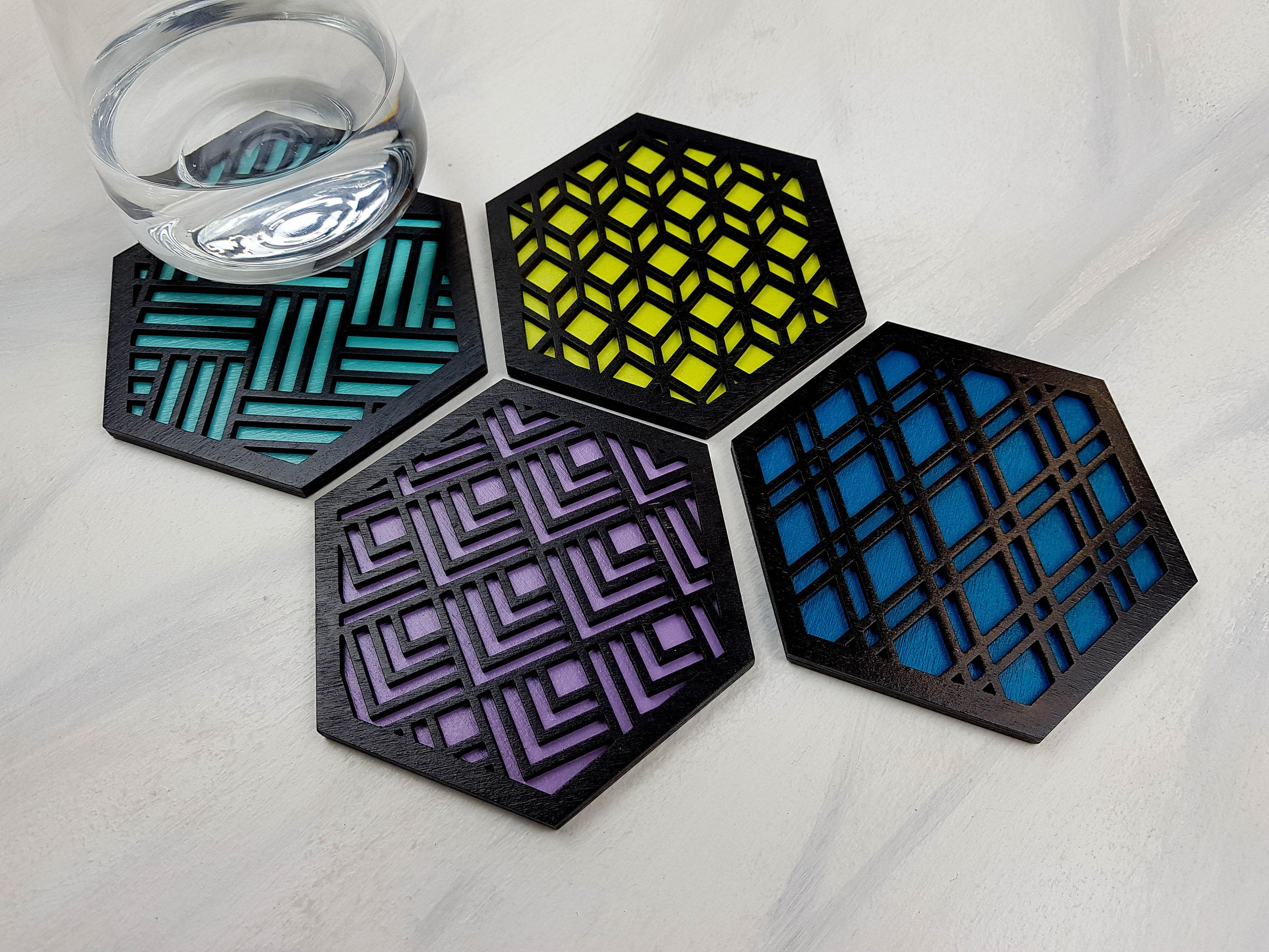 Hexagon Coaster, Fun Coaster, Modern Coaster, Geometric Coaster, Cool Unique Coaster, Wood Coaster Set, Coffer Table Coaster, black cool