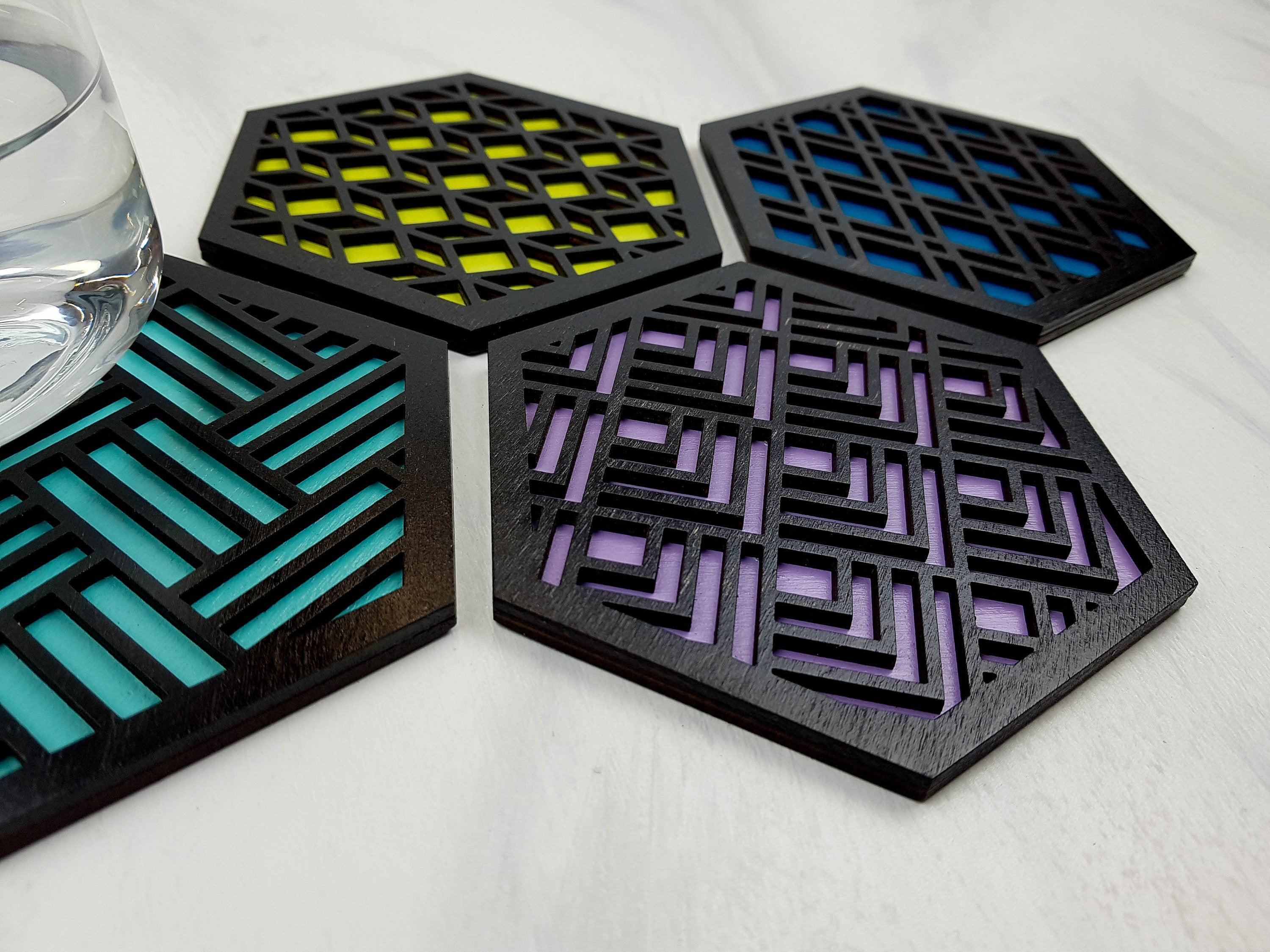 Hexagon Coaster, Fun Coaster, Modern Coaster, Geometric Coaster, Cool Unique Coaster, Wood Coaster Set, Coffer Table Coaster, black cool