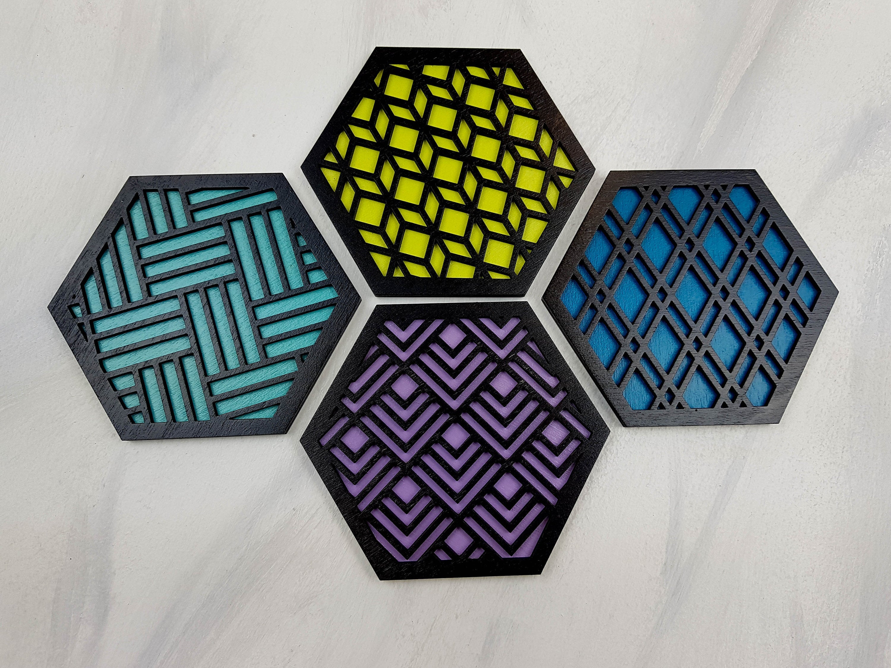 Hexagon Coaster, Fun Coaster, Modern Coaster, Geometric Coaster, Cool Unique Coaster, Wood Coaster Set, Coffer Table Coaster, black cool