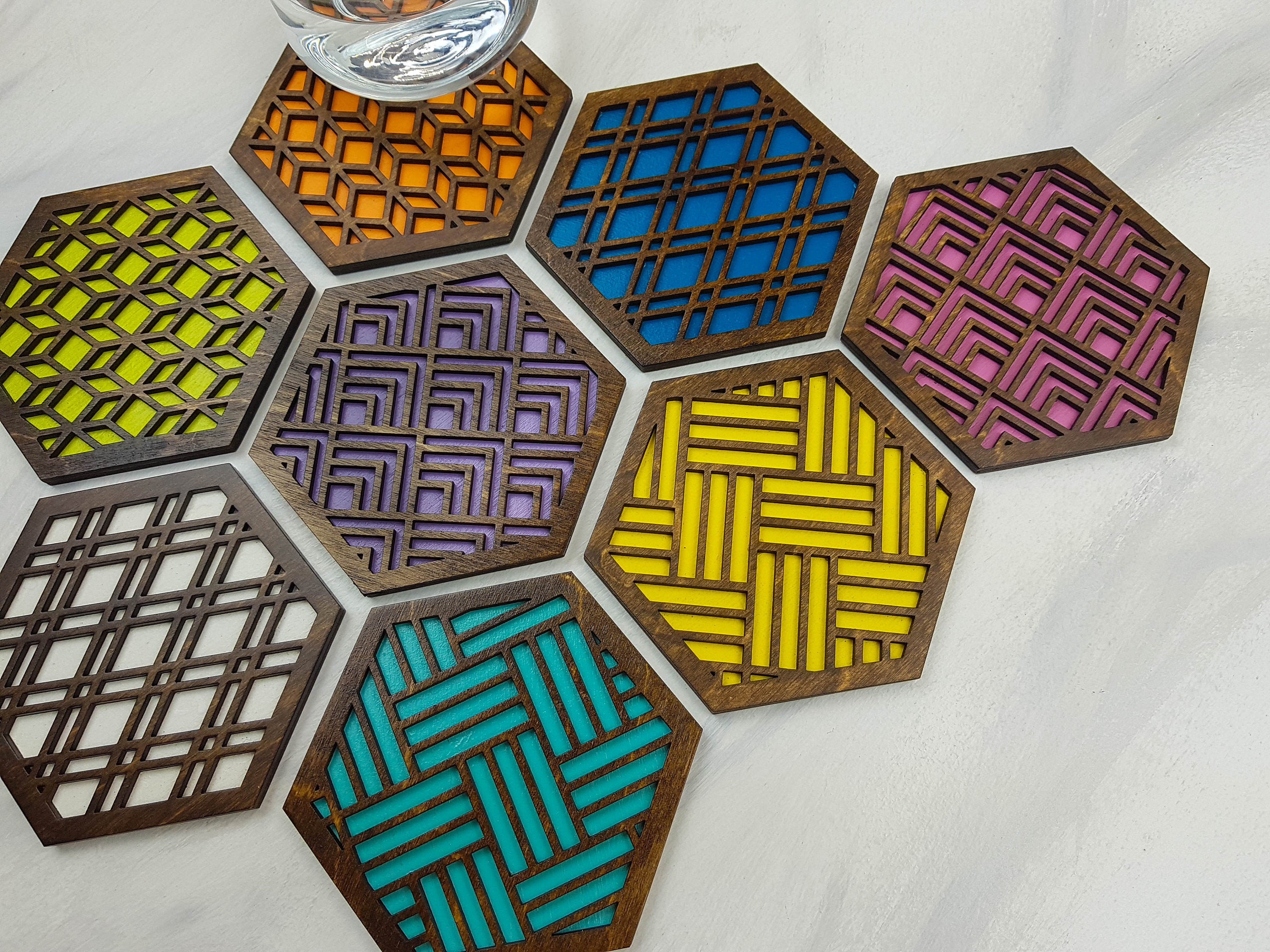 Unique Modern Coaster, Colorful Coasters, Set of Eight, Geometric Coasters, Wood Coaster Set, Coffer Table Coaster, Hexagon Coaster, walnut all