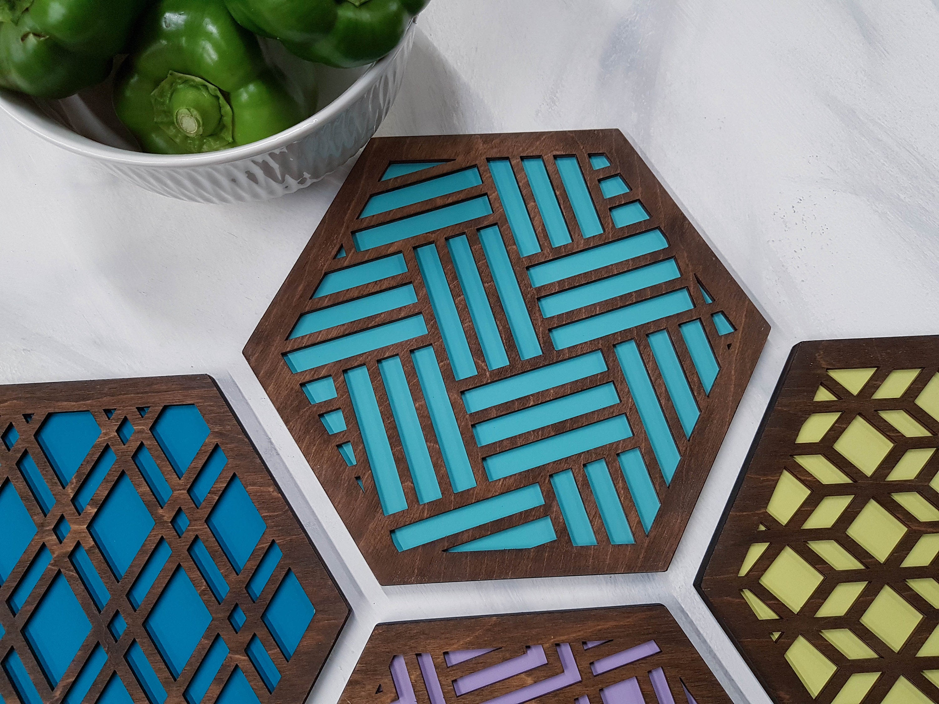 Unique Trivets, Colorful Trivet, Trivet For Plates, Dining Table Trivet, Modern Trivet, Geometric Houseware, Trivet Wood, Kitchen Trivet, Walnut cool