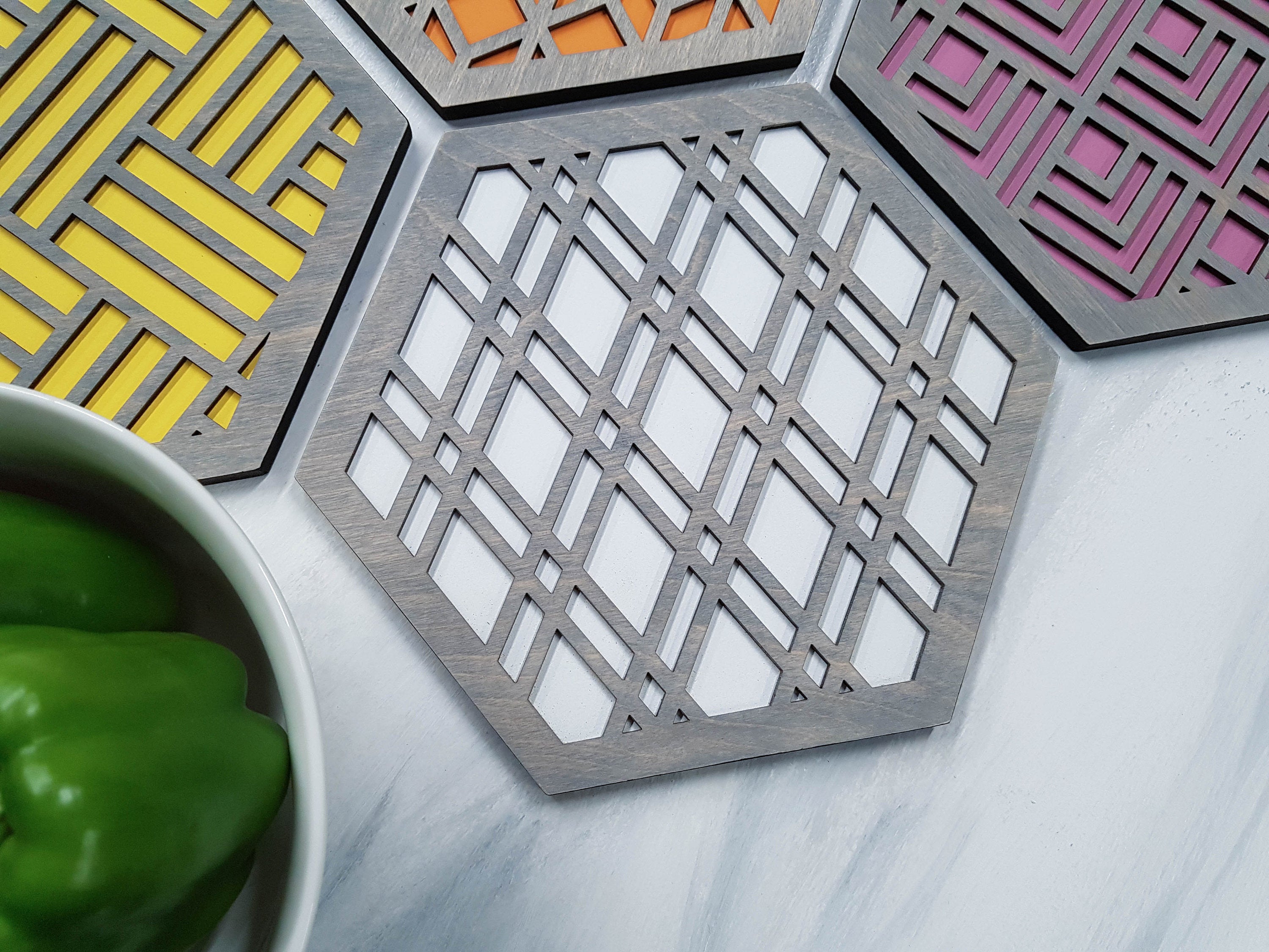 Modern Trivets, Custom Trivet Set, Colorful Trivet, Trivet For Plates, Dining Table Trivet, Unique Trivet, Geometric Houseware, Trivet Wood, Design grey